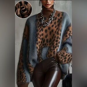Leopard Print Sweater - Blue and Brown